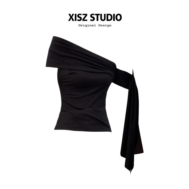 

American Style Sexy-Style off-Shoulder Ribbon Tops Women s Spring and Summer Retro Silm Slim Looking Easiest for Match Short Sleeve T-shirt Black [High Quality] S