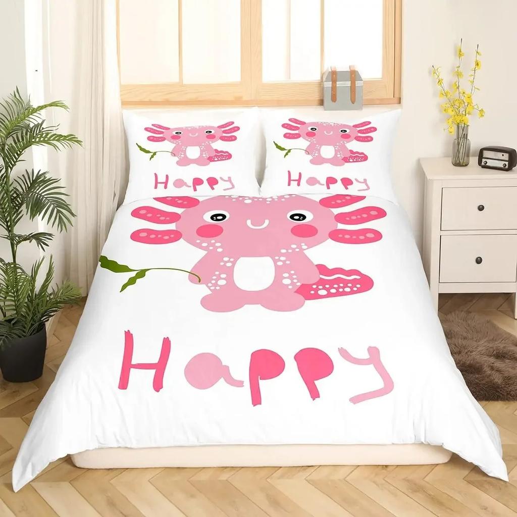 Cartoon Axolotl Duvet Cover Set KingQueen Size Kids Girls Boys Cute Rainbow Sea Wildlife Animal Reptile Polyester Bedding Set