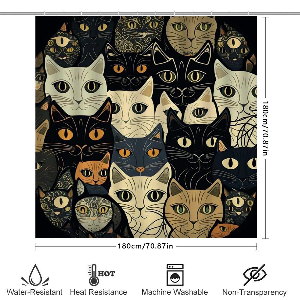 Charming Cats Shower Curtain Black White with Yellow Accents Pattern Decorative Bath Linen Waterproof Fabric Various Sizes Avail