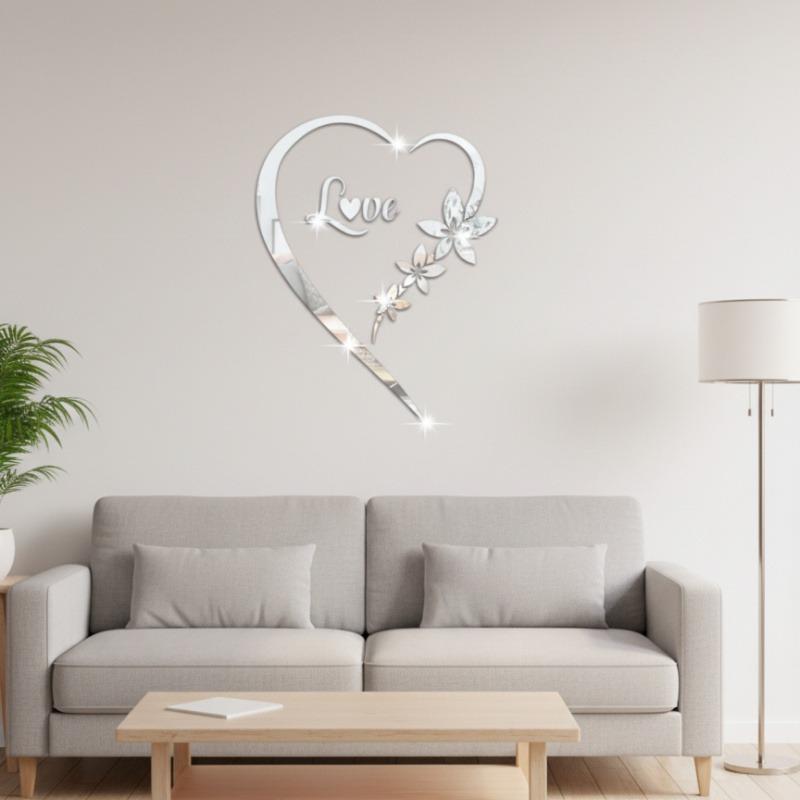 Self-Adhesive 3D Heart-Shaped Mirror Wall Decal Acrylic Heart-Shaped Reflective Sticker Living Room Background Decorative Decal