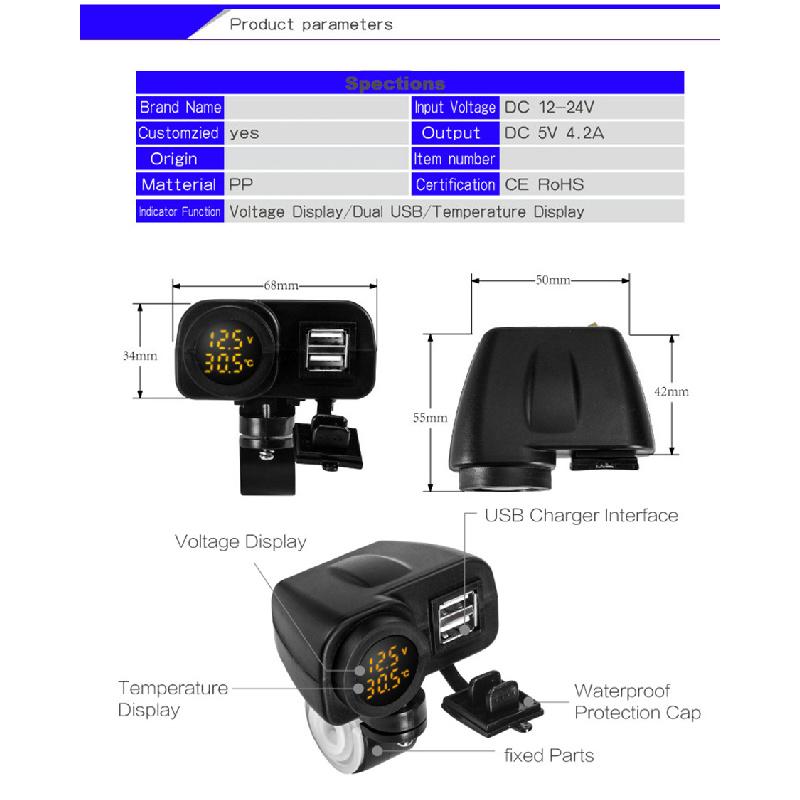 Motorcycle 12V 2Usb 2.1A+2.1A Charger W/Yellow Led Digital Voltmeter Thermometer