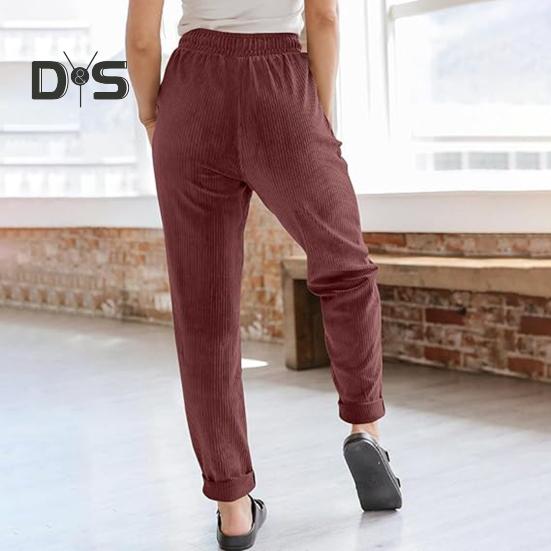 Women Corduroy Pants High Waist Baggy Drawstring Elastic Waist Casual Trousers Loose Fit Straight Leg Pockets Work Pants