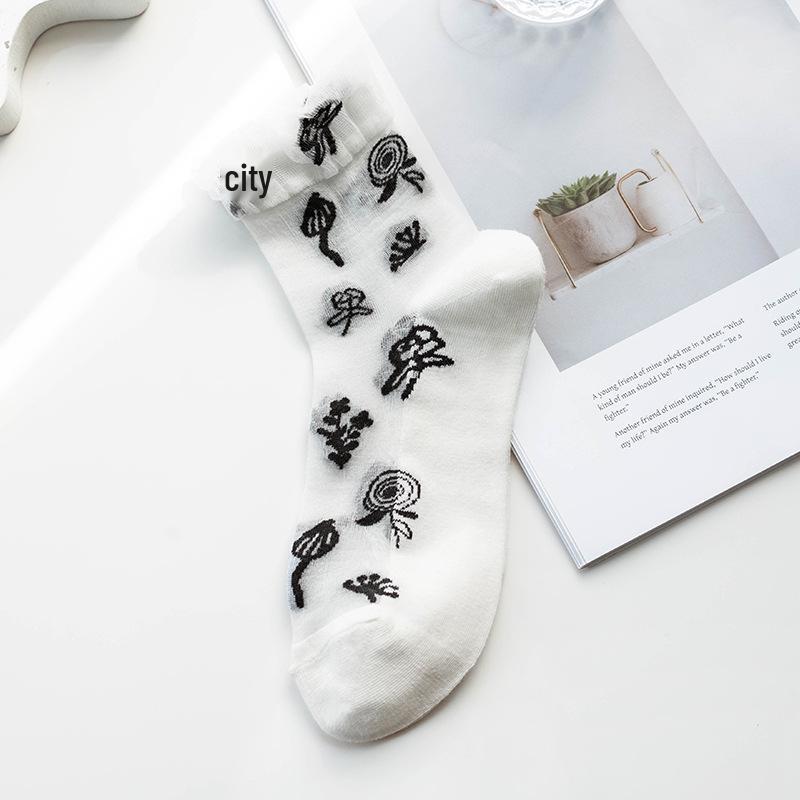 

Love Heart Crystal Mid-Calf Glass Stockings with Cotton Sole and Lace - Japanese Style JK Women s Summer Socks. One Size