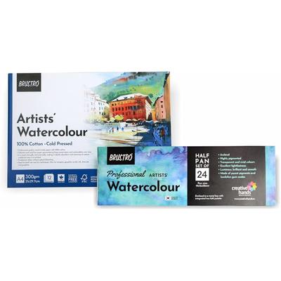 Brustro Professional Artists Watercolour 24 Half Pan Set With Cold Pressed Watercolour Pad - 100% Cotton, 300 Gsm, A4, 1