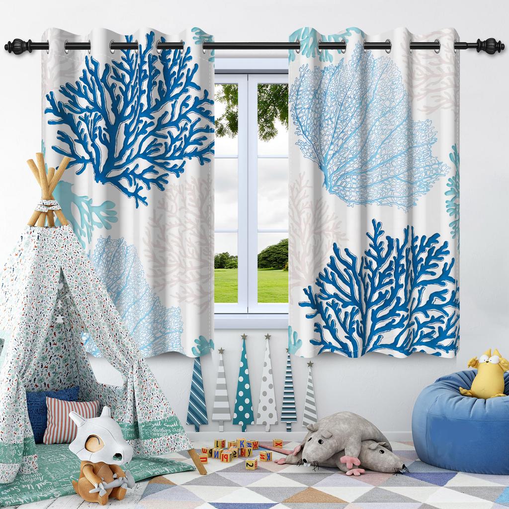 2pcs Plants Leaf Flowers Blue Blackout Curtains Home Bedroom Living Room Darkening Apartment Decoration Grommet Window Drapes
