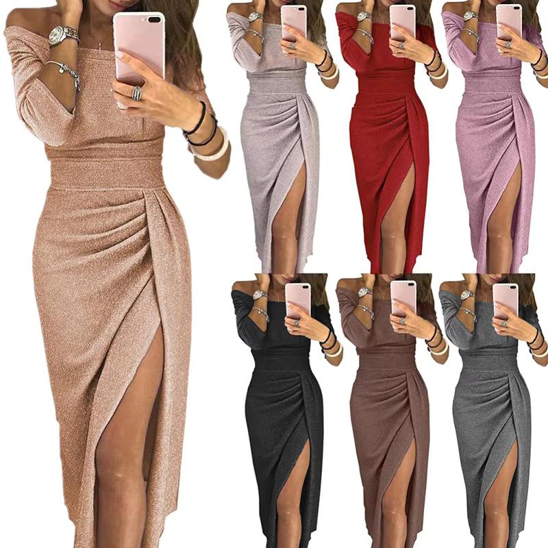One Word Collar Evening Party Sexy Waist Slit Hem Short Sleeve Vintage Dress Dresses Ladies 2022 Summer Autumn Women's Clothing