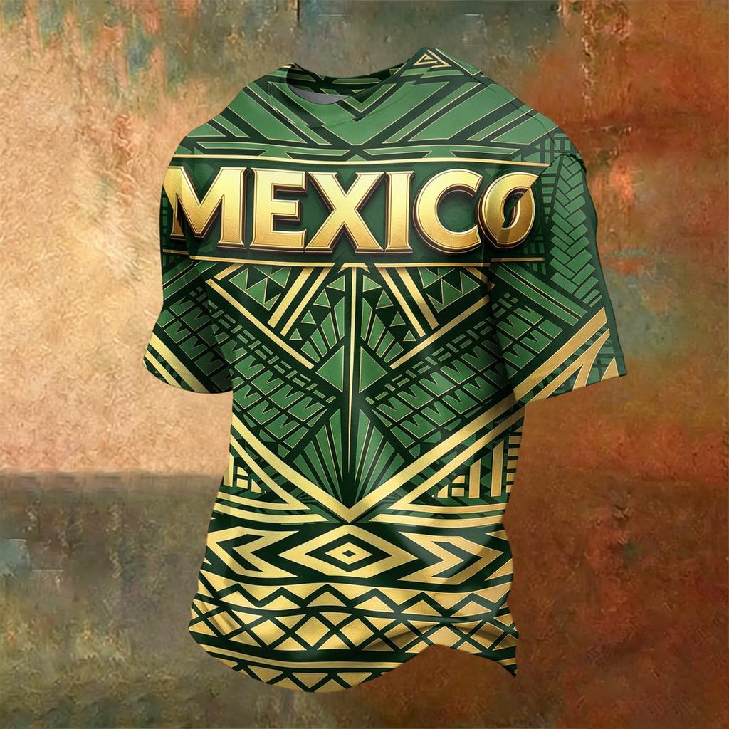 Men's Short Sleeve T-Shirt with Graphic Print, Lightweight Breathable Round Neck Top, Casual Everyday Wear - Mexico Flag Letter Design