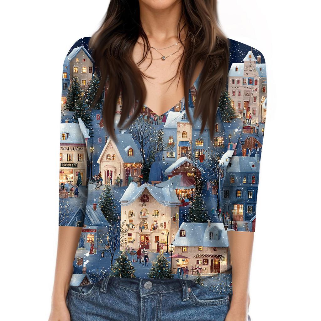 Women's Tops Three-quarter Sleeve Shirt V-neck Loose Casual Shirt Print T-shirt
