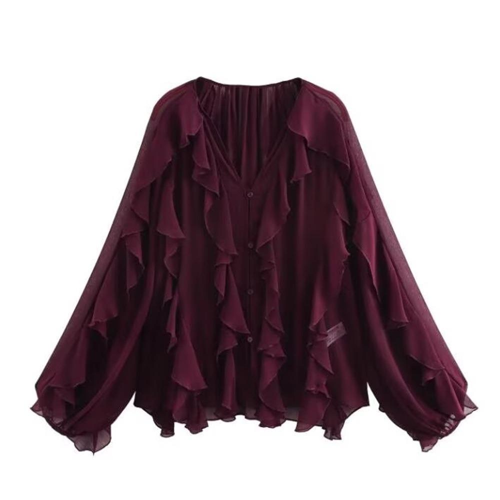 Women's V Neck Long Sleeve Ruffle Chiffon Blouse Loose Fit Lantern Cuff Single Breasted Flowy Shirt Spring Casual Top