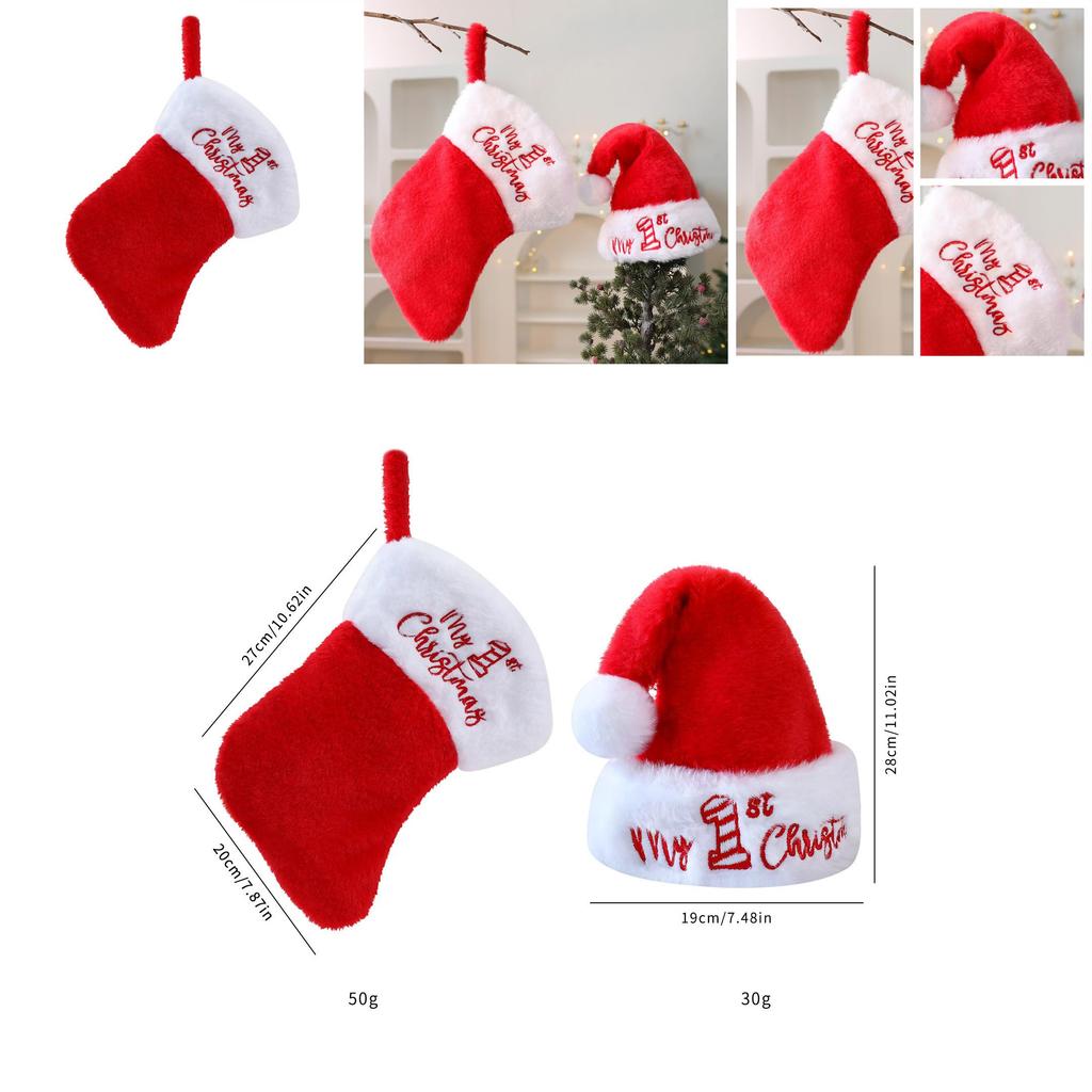 Christmas Plush Santa Hat And Stocking Set For Holiday Decor And Gift Bags