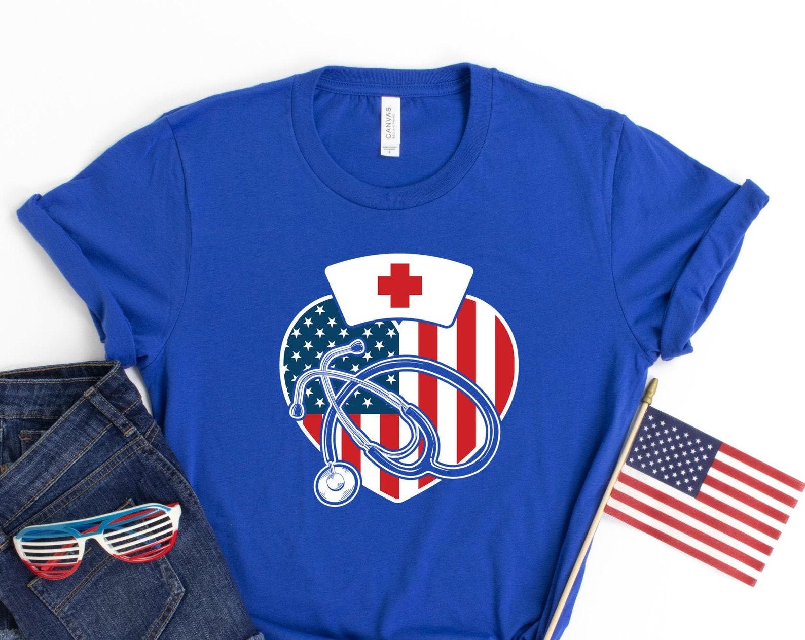 Nurse USA Flag Shirt, American Flag Stethoscope Shirt, USA 4th July Nursing T-shirt, T-shirt,T-shirt, Nursing Student Womens Tee S