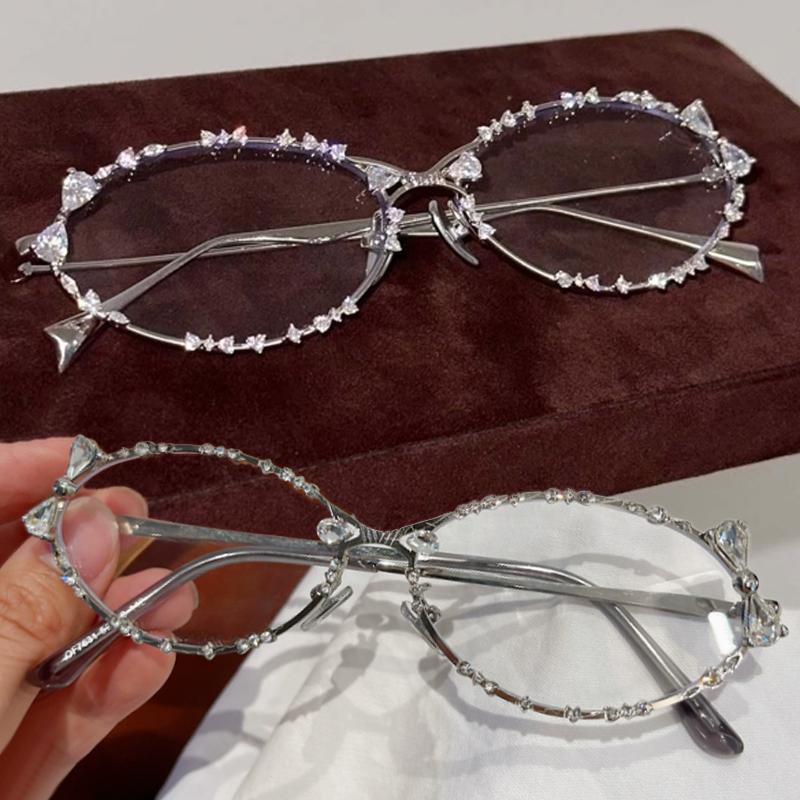 1PC Oval Punk Diamond Glasses Men's and Women's Luxury Fashion Trend Rhinestone Anti-blue Glasses Korean Version of Street Style Glasses