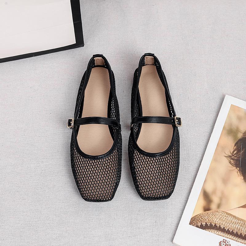 Damen Mesh Ballerinas Sommer Mary Jane Schuhe Ballerina Laufschuhe Rutschfest Quadratische Geschlossene Zehenpartie Mary Jane Ballerinas mit Verstellbarem Riemen Abendschuhe