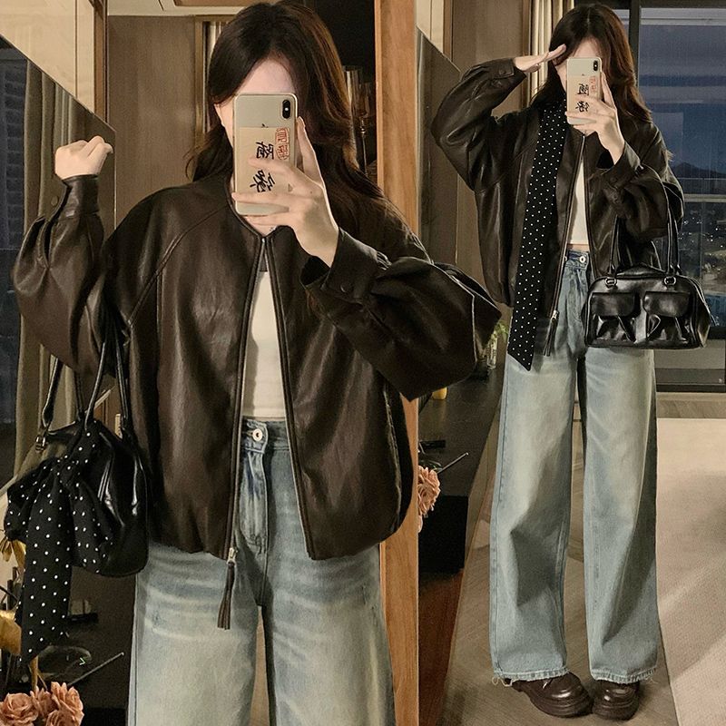 

Kumikumi High Sense Coffee Color PU Leather Long sleeve Jacket Women Autumn Elegant All-Match Loose Slimming Top Curry Scarf 2XL