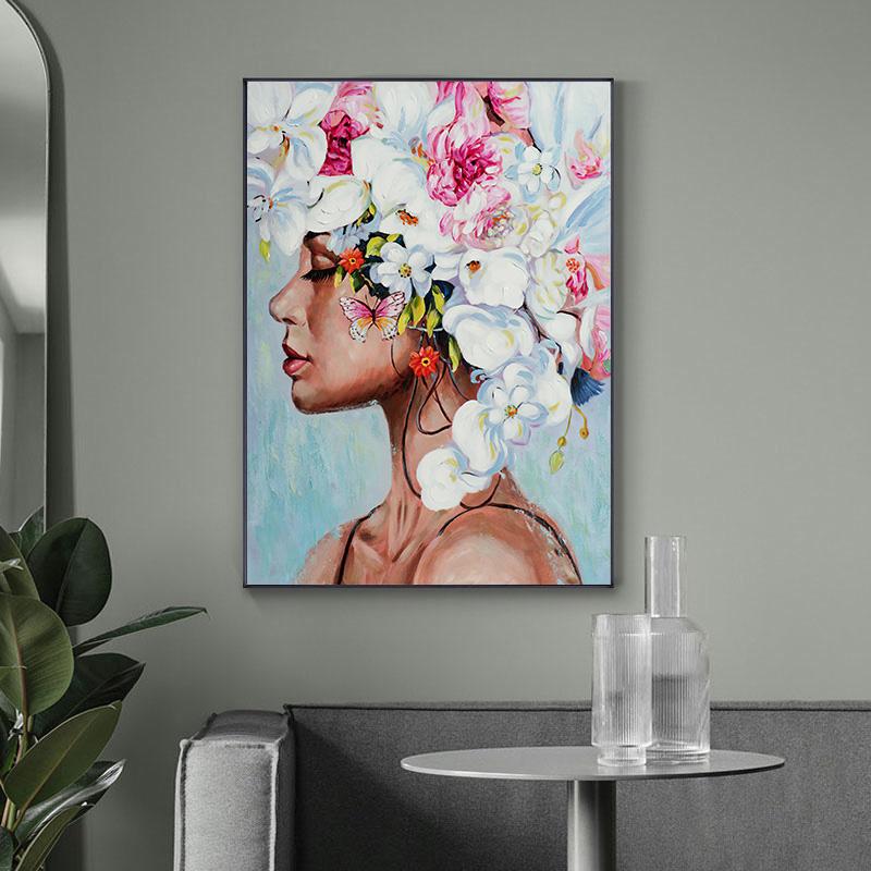 Canvas Painting Abstract Woman with Flower Butterfly Posters and Prints Modern Wall Art for Living Room Decor