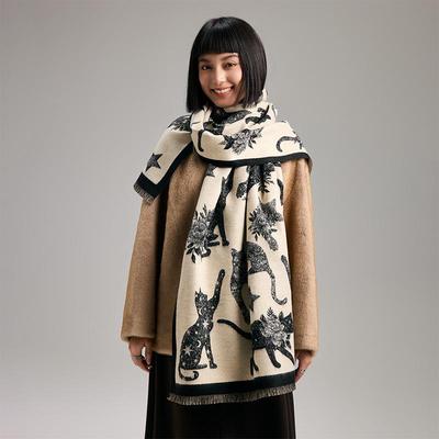 Herbst/Winter Doppelseitiger Imitationskaschmirschal mit Katzensilhouette und Sternenhimmel-Design