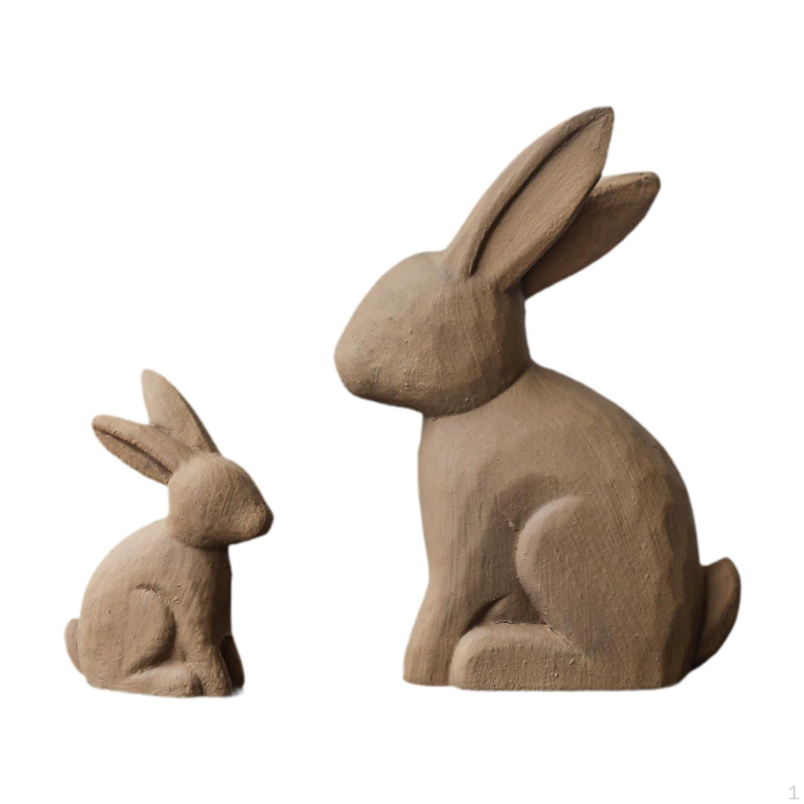 2 Pieces Easter Bunny Statues Wood Ornament Birthday Gift Crafts Animal Figurine Rabbit Sculpture