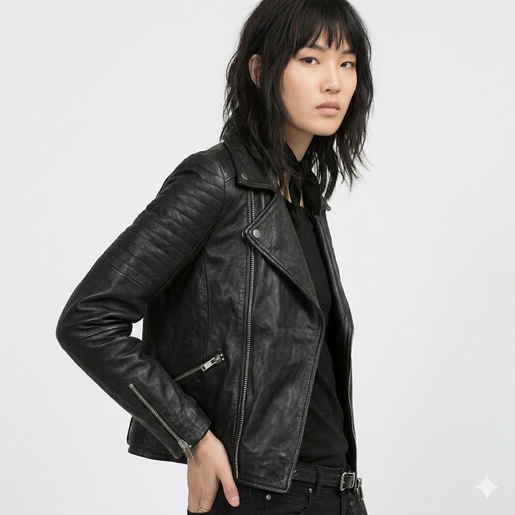 Black Soft Women's Stylish Biker Jacket Real Lambskin Leather Motorcycle Fit