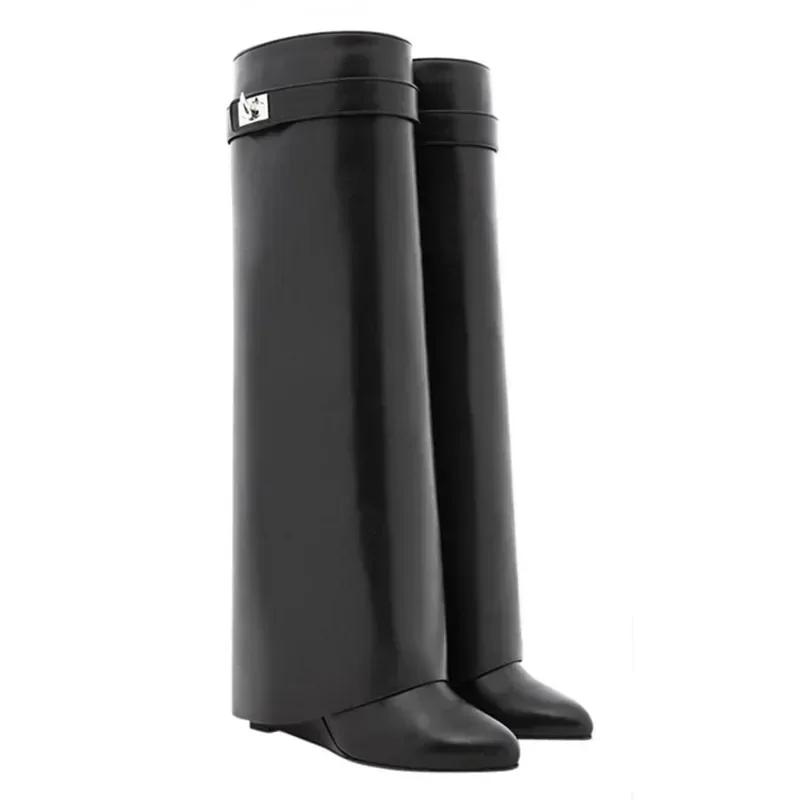 Elegant High Heel Mid-Calf Boots with Metal Buckles for Formal Banquets, Stylish Riding Boots for Women, Chunky Heel Dress Boots