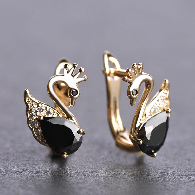Bonitos pendientes con cierre de cierre inglés en forma de cisne para mujer y niña, circonita negra con diamantes de imitación, Color dorado Brinco Boucle d'oreille