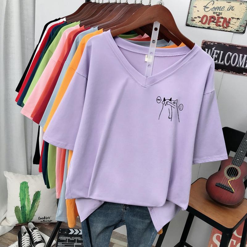 Short-sleeved T-shirt, Loose-fitting, Slimming Printed V-neck Top for Women