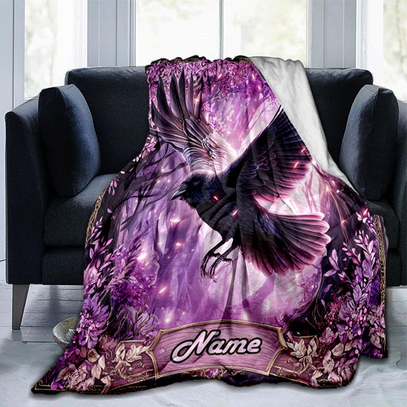 1PC Custom Name Ethereal Raven Purple Grove Flannel Blankets Patterns Throw Blanket All-Season Soft Gift for Couch, Bed, Camping Gifts