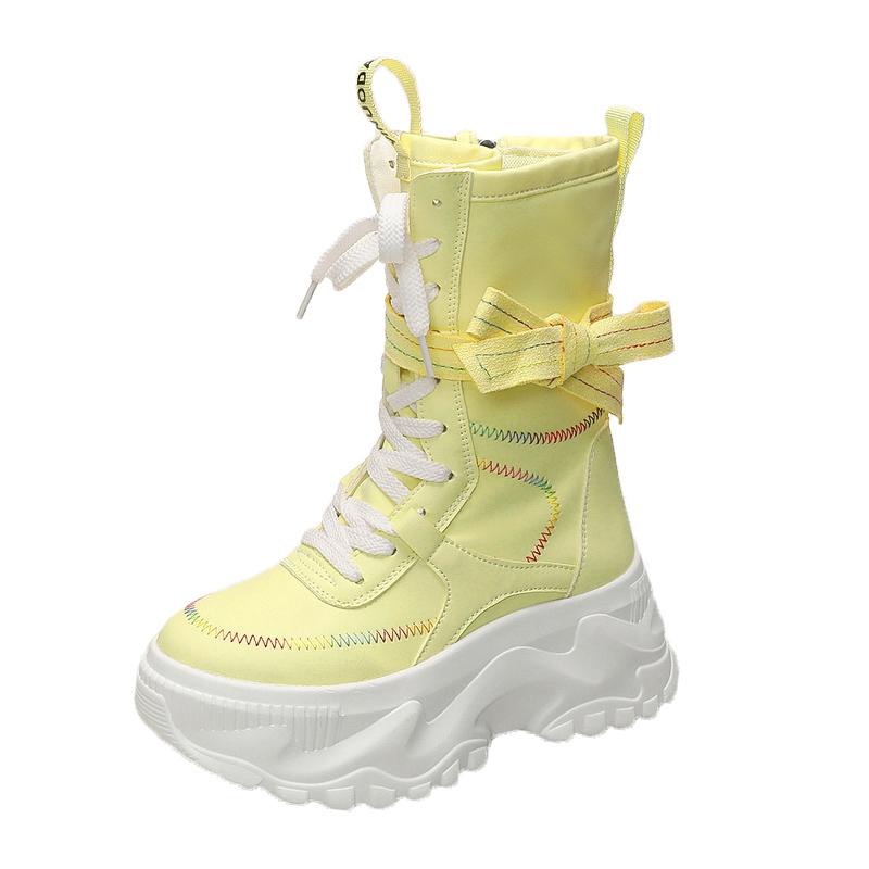 Fashion 8CM Women Chunky Mid-Calf Boots New Autumn Canvas High Platform Round Toe Ladies Shoes Tie Motorcycle Boots Winter Sneakers
