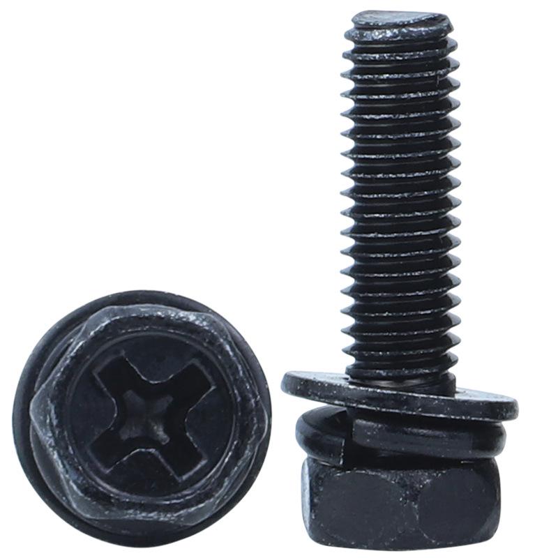 Iron-Plated Black Zinc Recessed Phillips Drive Hex Flange Screw, Three-Piece, M5/M6/M8/M10 Sizes