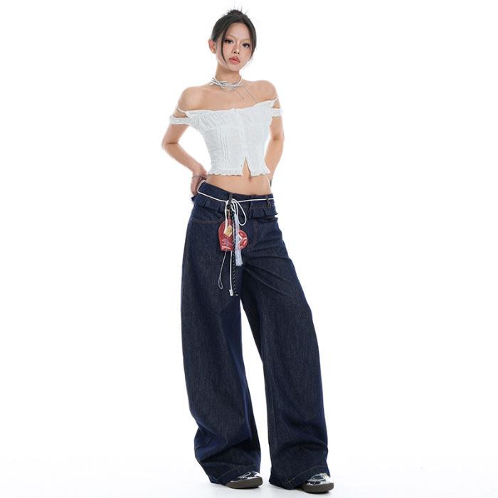 2025 Spring Women's Ruffle Edge Double Waist Saber Pants in Washed Spicy Street Style