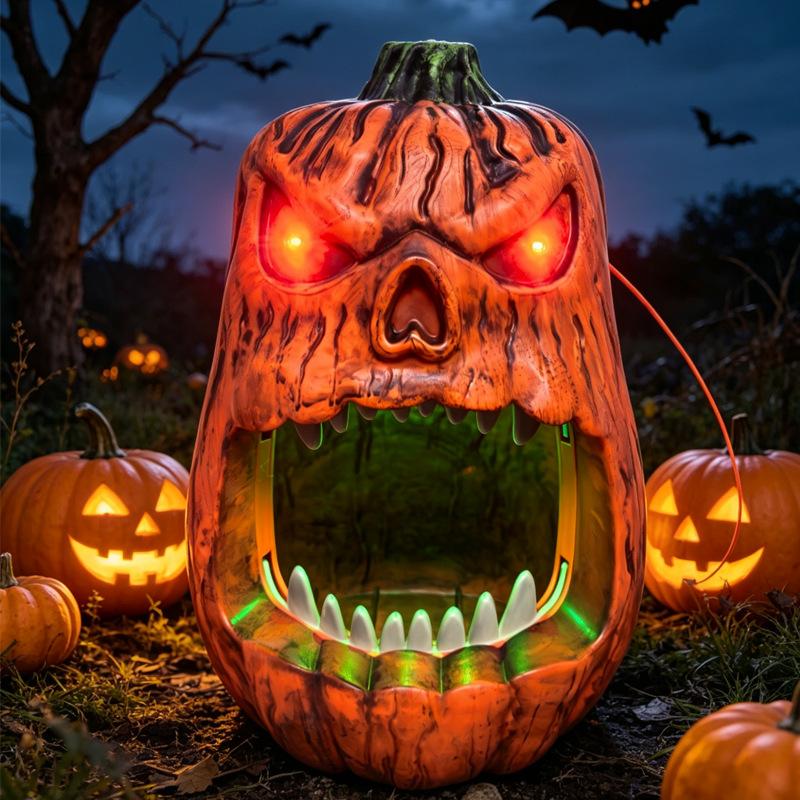 Halloween Horror Skull Face Pumpkin Candy Storage Box Voice-activated Luminous Pumpkin Ornaments for Holiday Party