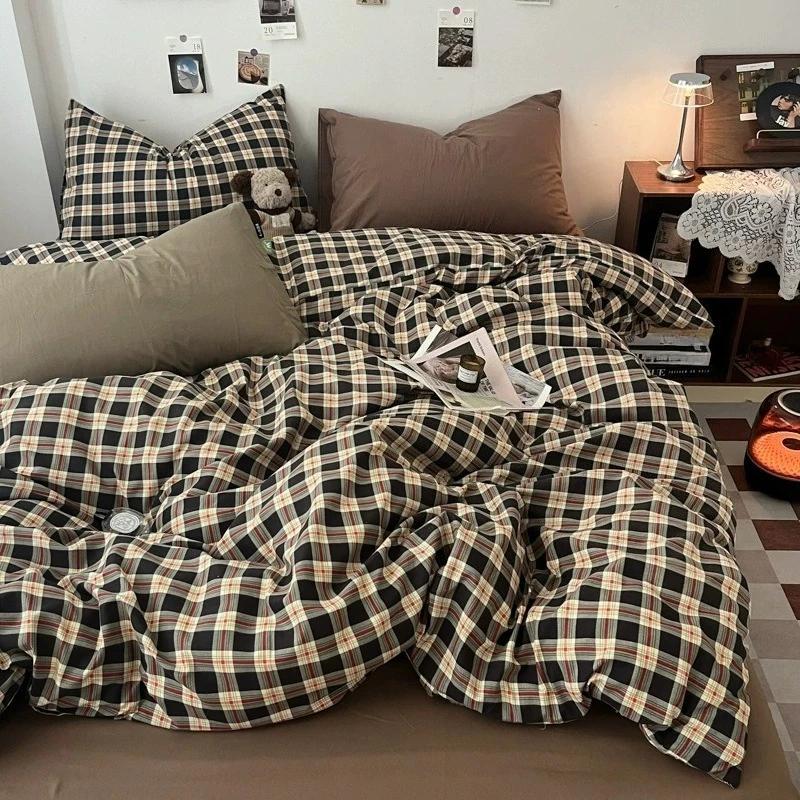 Christmas Style 3/4pcs Simple Plaid Bedding Set Skin-friendly Breathable Quilt Cover Machine Washable Home Bedroom Guest Room