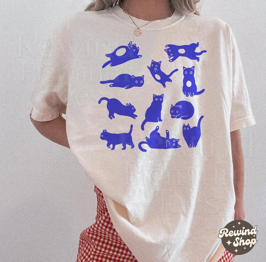 Blue Cats Linocut Comfort Colors Shirt - Cat Lover TShirt - Kitty Cat Lover Gift