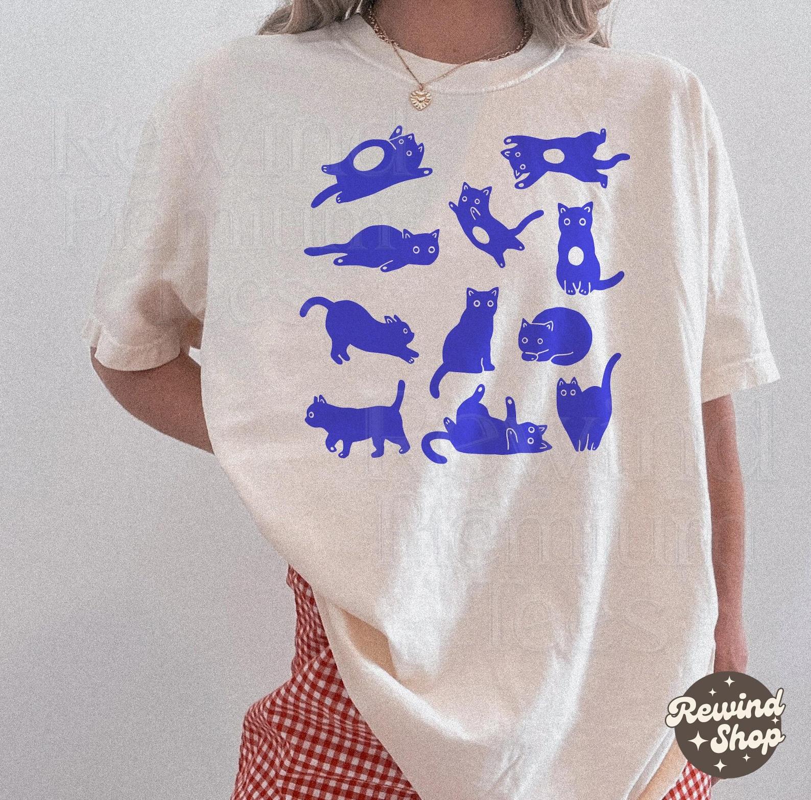 Blue Cats Linocut Comfort Colors Shirt - Cat Lover TShirt - Kitty Cat Lover Gift 3XL
