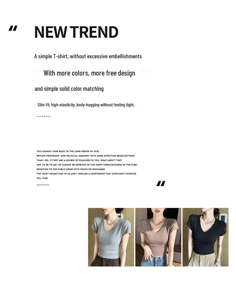 Women's V-Neck Slim Fit Waist-Cinching Short-Sleeve T-Shirt - Versatile High-End Niche Style