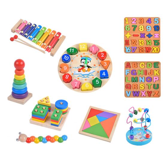 

1 Набір Дерев яний Навчальний Іграшковий Комплект з Ксилофоном, Блоками для Складання, Годинником, Веселковим Складачем, Лабіринтом з Намистинами, Танграмом, Гусеницею, Дошкою для Вивчення Цифр та Алфавіту A