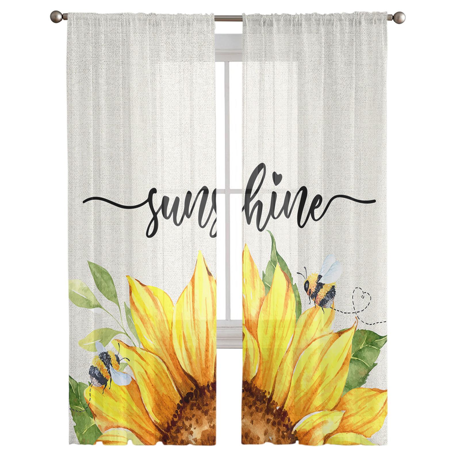 Акварельные цветы Подсолнухи Пчелы Прозрачная вуаль Шторы для окон Тюль Шторы — фото 3