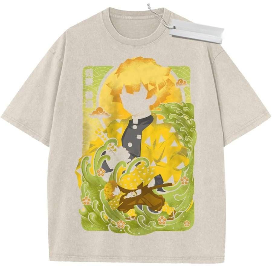 

Unisex Beige Washed Vintage T Shirt Demon Slayer Nezuko Kamado Fan Art Japanese Pattern High Quality Fabric for Casual M