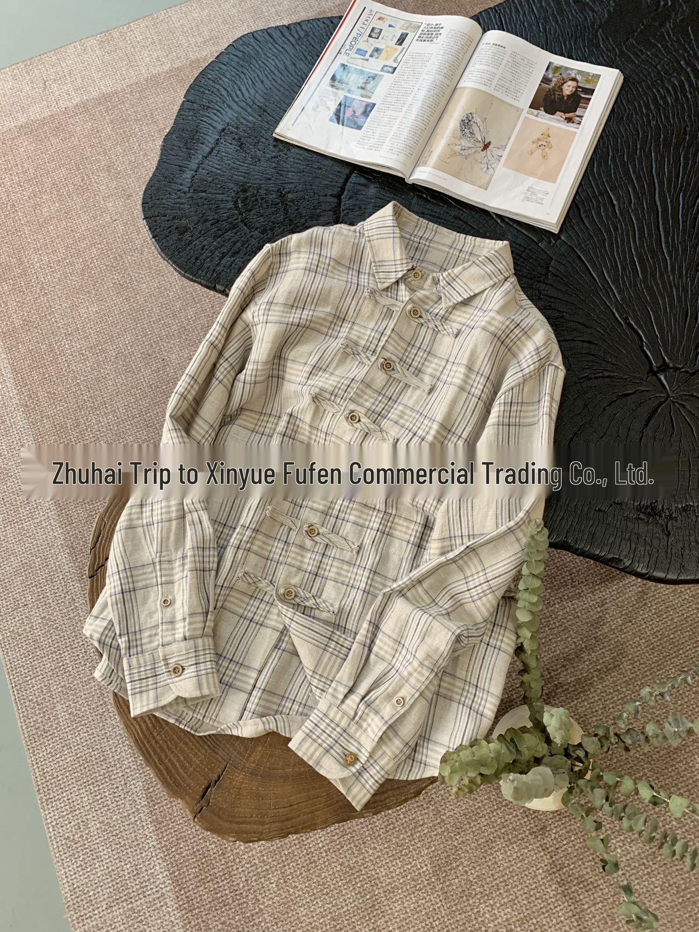 Women s Japanese Style Plaid Cotton Linen Shirt, Relaxed Fit - A Touch of Blue One Size