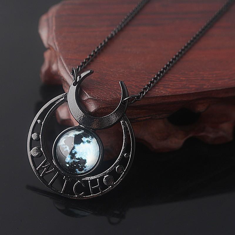 Punk Gothic Moon Necklace With Blue Stone And Cross Chain For Women