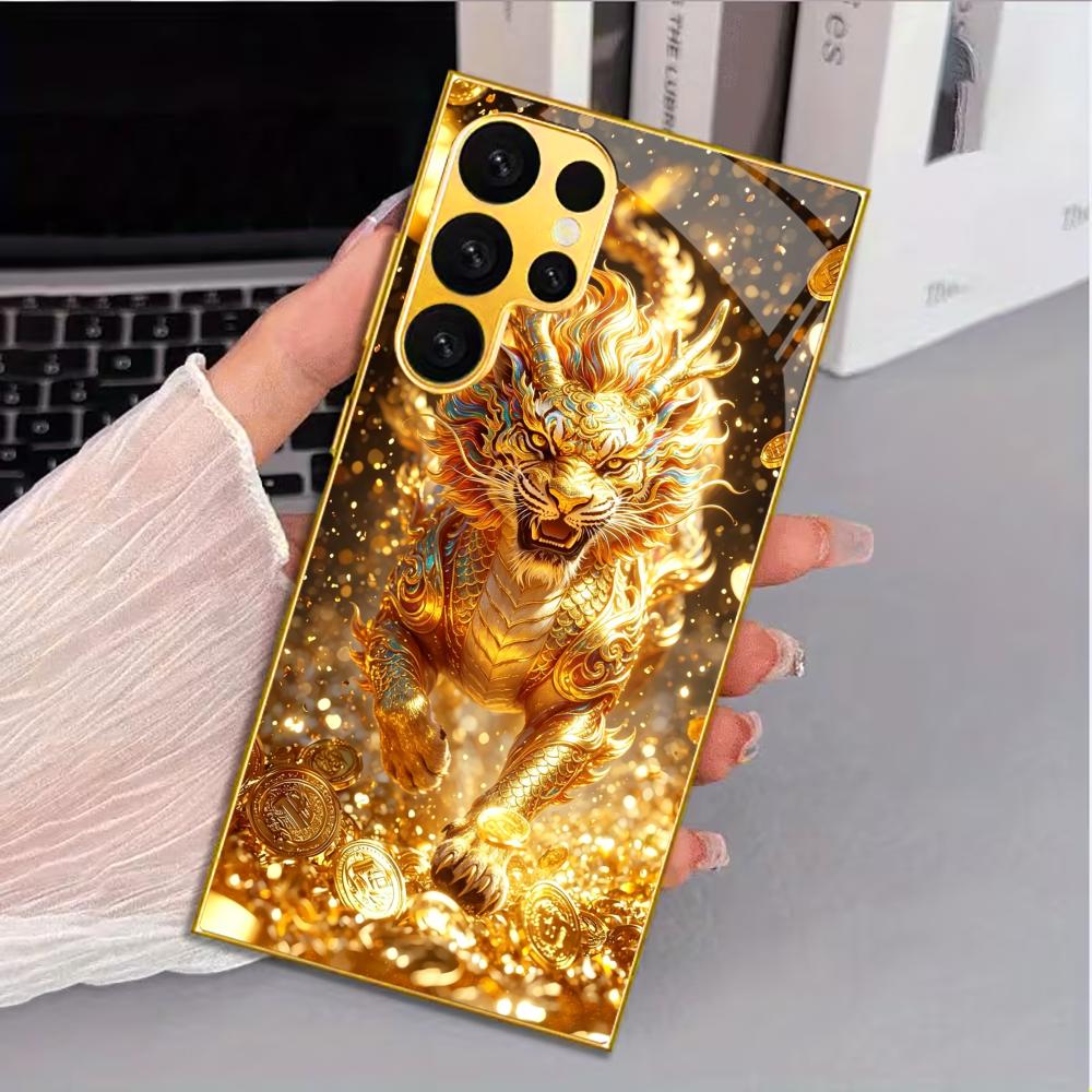 Goldener Qilin mit Münzaufdruck Handyhülle Glas s26 ultra Hülle Mobiltelefone für Samsung Galaxy S26 S25 S24 S23 S22 FE Ultra Plus