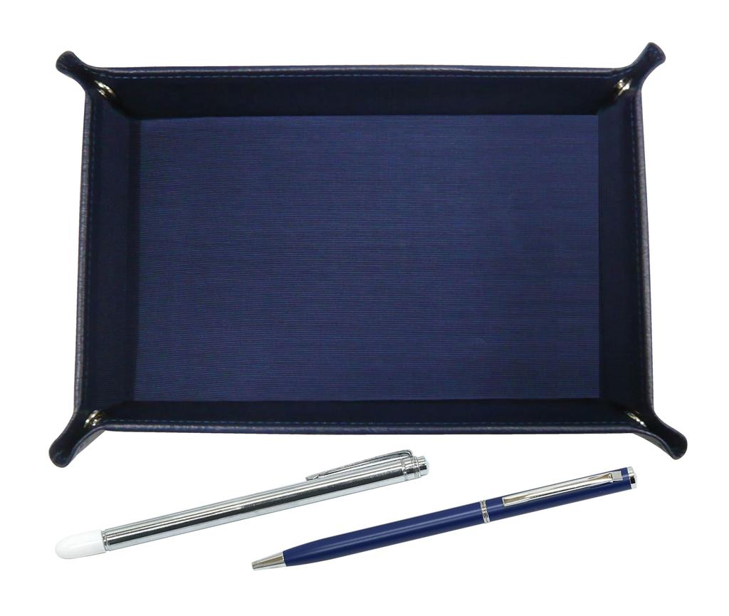 Japanese grained cowhide pen tray in blue with metal pointer and slim rotating ballpoint pen set in blue TRAL-701S-PD04-L
