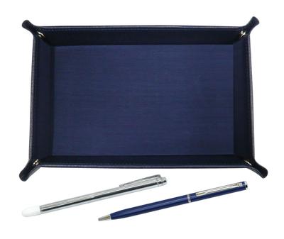 Japanese Grained Cowhide Pen Tray In Blue with Metal Pointer and Slim Rotating Ballpoint Pen Set In Blue TRAL-701S-PD04-L
