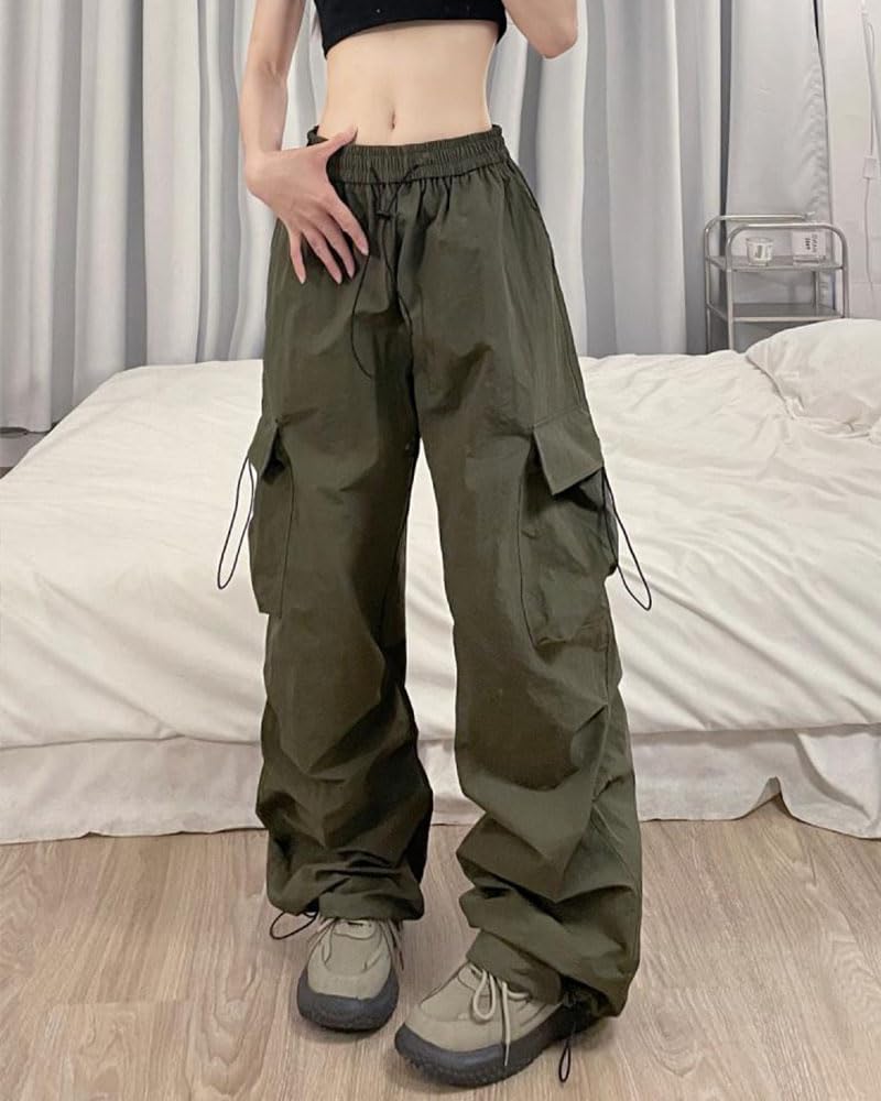MTUIOY Cargo Casual and Solid Loose Plus Women's Wide-Leg Pants, Stylish, Lightweight, Color, Fit, Sizes, 4-Green-L