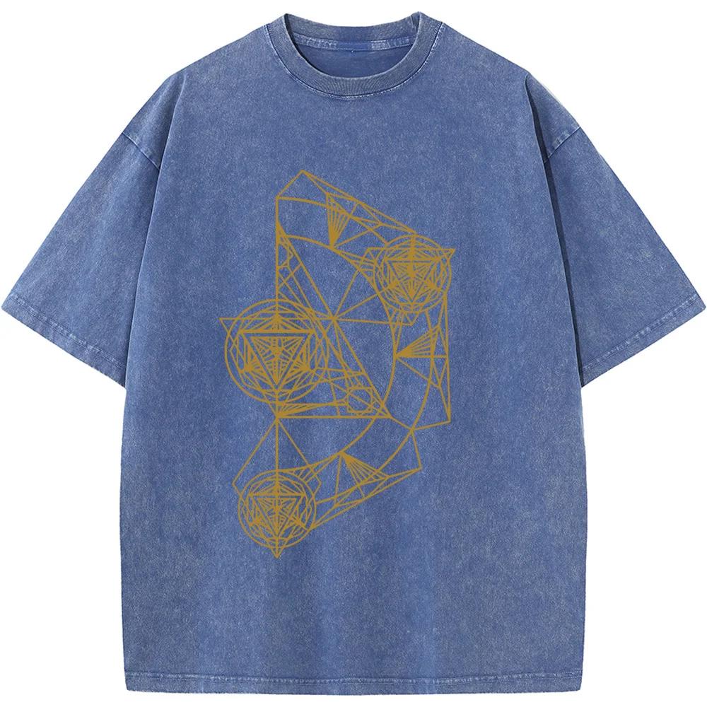 Men's Geometric Short-Sleeved T-shirt 230 Grams Of High-Quality Washed Old Tshirt Streetwear Men Washed T-shirts