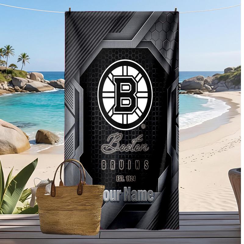 Boston Bruins Custom Beach Towel, Print Your Name Text Lightweight Absorbent Towel for Swimming Travel