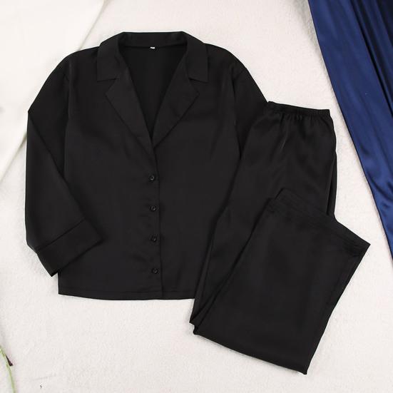 2 Pcs/Set Women Shirt Pants Set Homewear Suit Loose Lapel Long Sleeve Loose Solid Color Single-breasted Wide Leg Straight Soft
