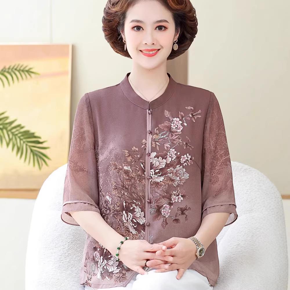 Stylish Chiffon Blouse: Chinese-Style Short-Sleeve Top for Middle-Aged Women