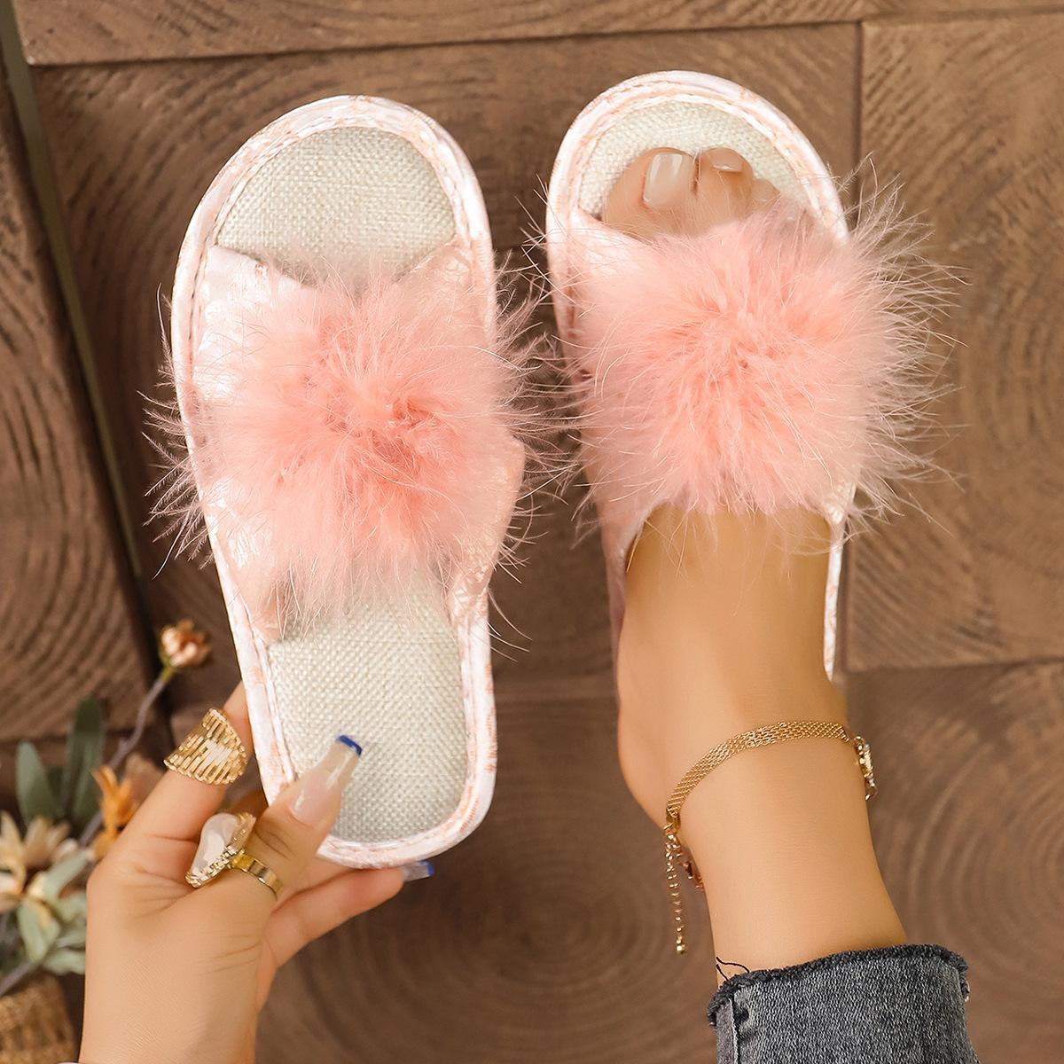 

Модные новые весенне-летние шерстяные тапочки, 2025 новые универсальные домашние тапочки для помещений, противоскользящие, бесшумные шлепанцы, модные тапочки 42-43 розовый