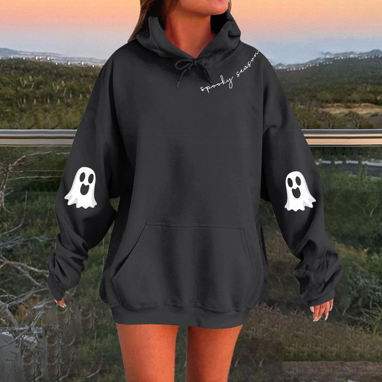 

Женский однотонный пуловер с длинным рукавом, капюшоном и повседневным принтом на Хэллоуин L чёрный