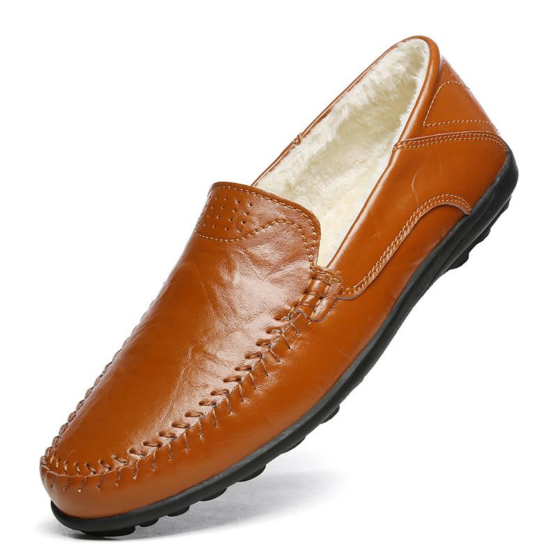 Fleece Loafers Men Big Size Leather Moccasins Casual Shoes for Men Outdoor Slip On Men Slip-On Lazy Shoes Winter Plush Zapatos